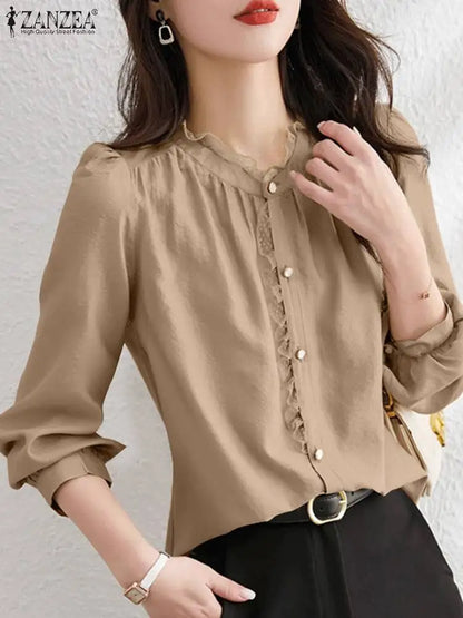 Elegant Office Lady Shirt ZANZEA Women Long Sleeve Ruffle Blouse Fashion Solid OL Work Blusas Stylish Party Tops Buttons Chemise