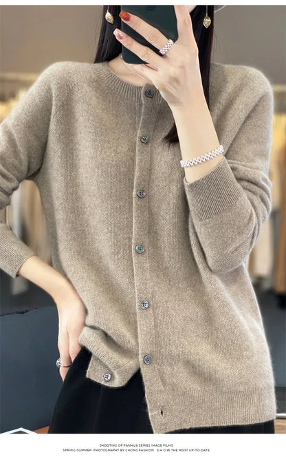 2024Spring and Autumn  New 100% pure merino cashmere sweater women's O-neck cardigan loose long-sleeved sweater top