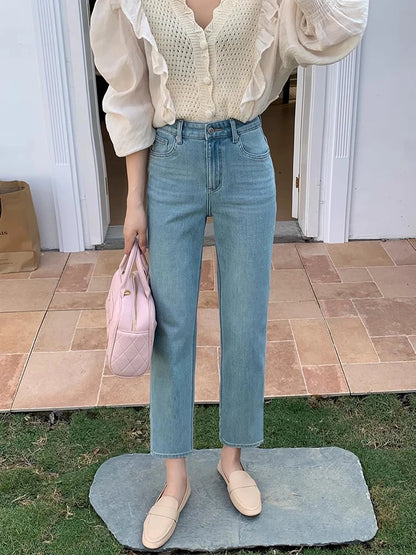 New 2024 Summer Jeans For Women High Quality Straight Blue Jeans Woman Korean Fashion Pockets High Waist Women's Jeans Hot Sale