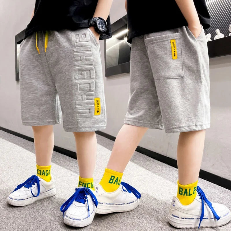 Boys Summer Casual Shorts Cotton Solid  Patchwork Breathable Loose Straight Wide Leg Shorts Korean All-Matching Casual Pants6-15