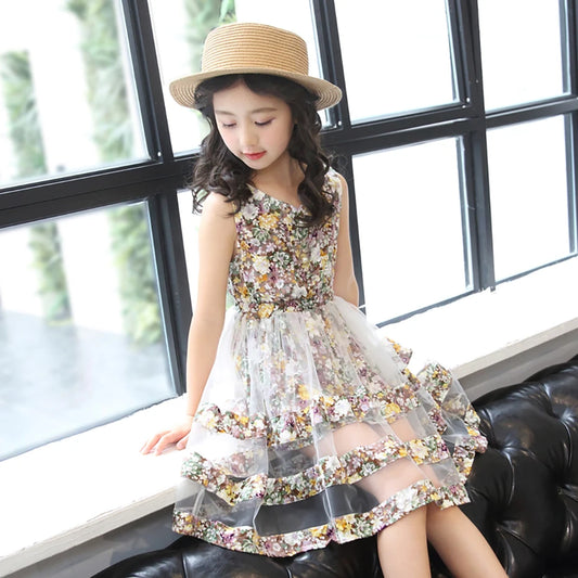 Girls Summer Dress Floral Pattern Kids Party Dresses For Girls Sleeveless Kid Dress Casual Style Children's Costumes For Girls