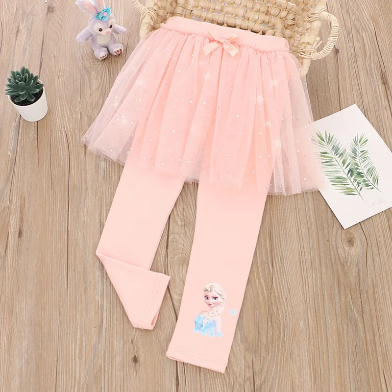 Quality Cotton Girls Skirt Pants for Children Disney Frozen Elsa Princess Skirts Baby Girl Pink Blue Trouser Lace Kids Leggings