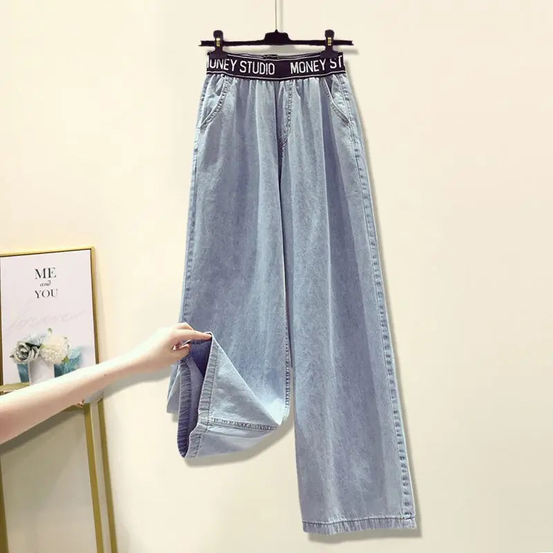 Summer 2024 Women's Clothing Outfit Ladies Casual Loose Shirt Vest Wide Leg Denim Pants 3 Piece Sets Fashion Letter Jeans Blouse