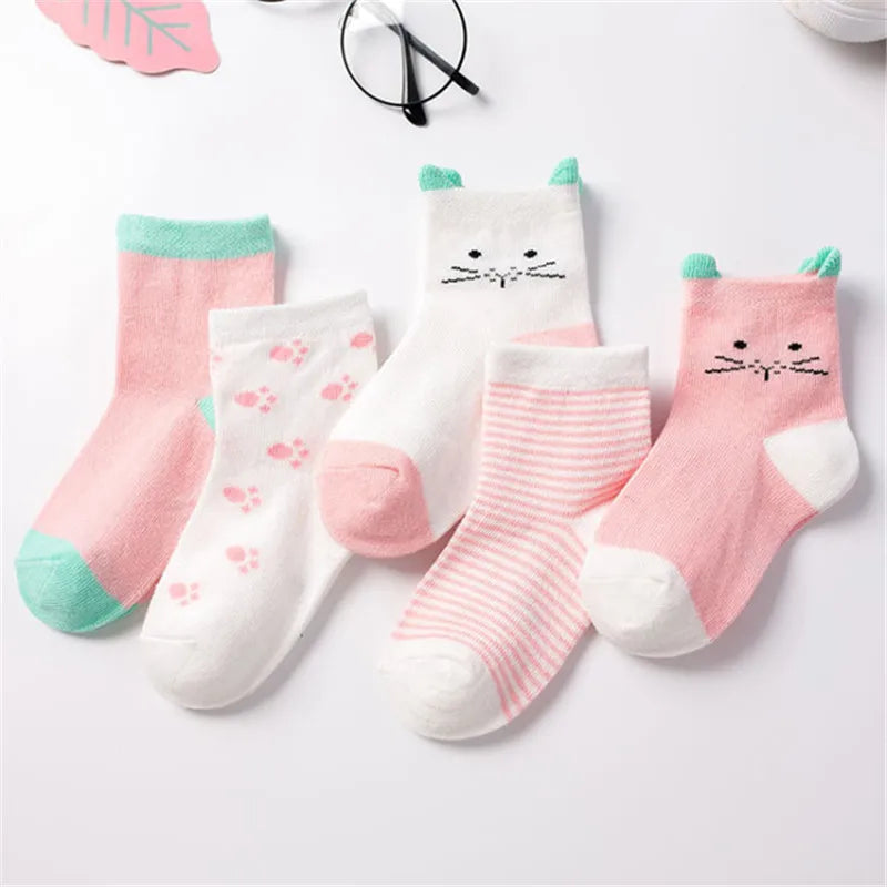 5 Pair/Lot Kids Cute Soft Cartoon Cotton Socks Boy Girl Baby Warm Stripe Dots Fashion Sport Socks Autumn Winter Children Gift