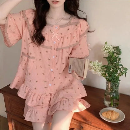 Summer Ladies Pajamas Set Female New Sweet Short-Sleeved Floral Students Short-Sleeved Shorts Bow Girl Pajamas Homewear Set