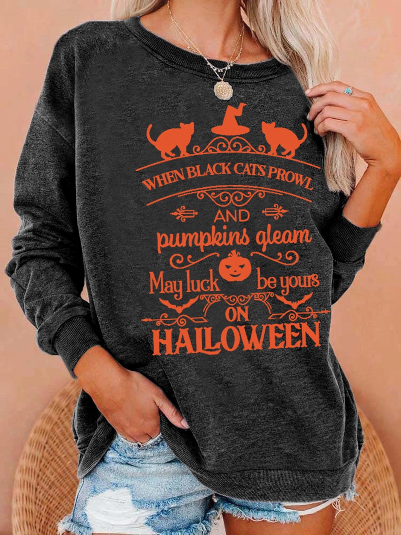 Halloween print washed sweatshirt, crew neck casual washed sweatshirt for winter & fall, women's clothing