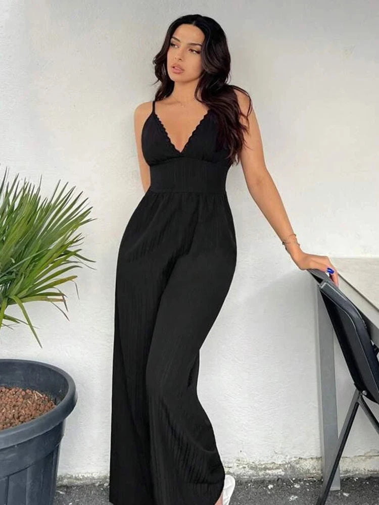 Stylish and elegant woven ribbon lace V-neck corset loose wide leg trousers long mop trousers loose jumpsuit