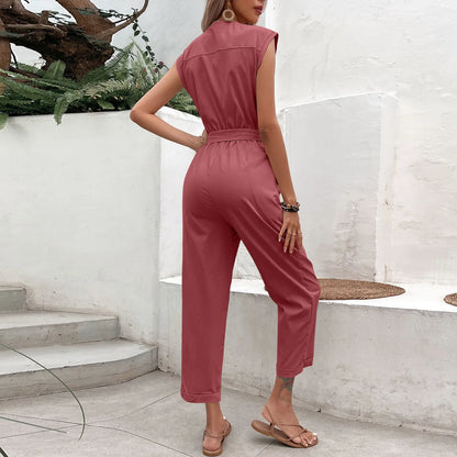 Summer Fashion Short Sleeve Jumpsuit Women Loose Cropped Pants Jumpsuit Women's Solid Color Casual V-neck Jumpsuit vestidos para