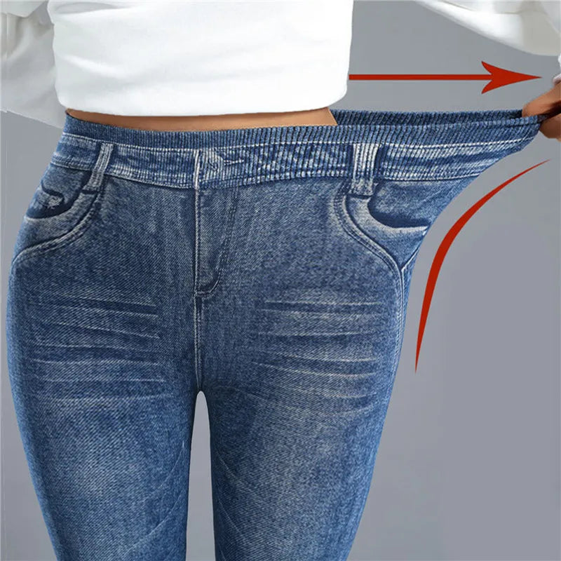 Women Thin Fleece Imitation Denim Pants Stretchy High Waist Warm Velvet Leggings Autumn Winter Slimming Tights