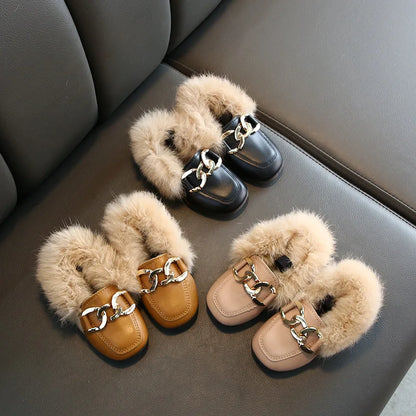 Luxury brand kid fur slippers boot retro antislip cotton shoe boy loafers winter plush kid shoe warm home shoe fashion girl shoe