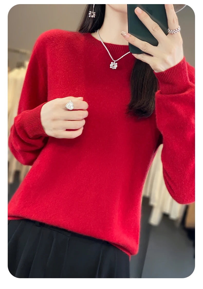 Women 100% Pure Merino Wool Knitted Sweater Autumn Winter Fashion O-Neck Pullover Seamless Jumper Tops Cashmere Warm Clothes