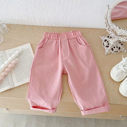 Kids Autumn Casual Pants Children Solid Elastic Waist Trousers Girls Sweet Pink Soft Loose Pants