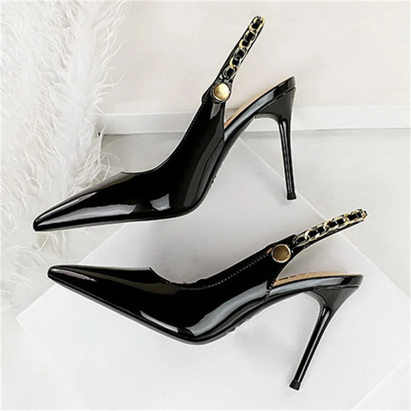 BIGTREE Patent Leather Women Pumps Stilettos Heels Hollow Out CHAIN SLIP-ON Elegant Party Shoes Zapatos Mujer