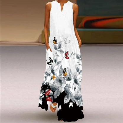 Fashion V-Neck Printed Sleeveless Women Maxi Dress Summer Casual Loose Straight Beach Long Dresses Ladies Sundress Lady Vestidos