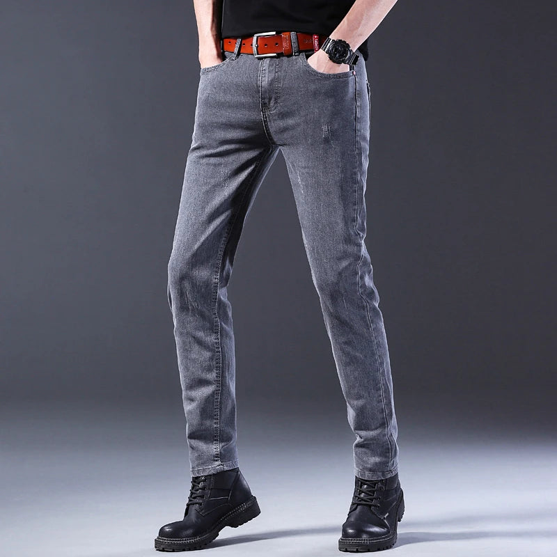 2024 New Fashion Jeans Men Korean Style Straight Grey Middle  Waist Pants Male Casual Denim Trousers