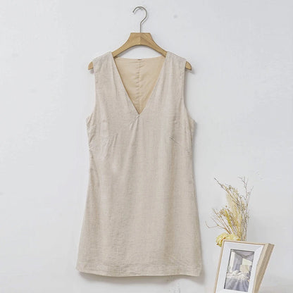 Casual Linen Sleeveless Dress Elegant Women's Sexy V-Neck Chic Casual Cotton And Linen Dresses New Summer Clothes Vestidos