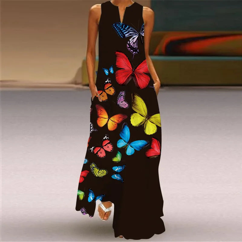 Fashion V-Neck Printed Sleeveless Women Maxi Dress Summer Casual Loose Straight Beach Long Dresses Ladies Sundress Lady Vestidos