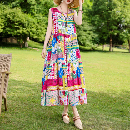 New Fashion Boho Long Dress for Women O-Neck Sleeveless Print Large Beach Long Dress Elegant Women's Dress 2024