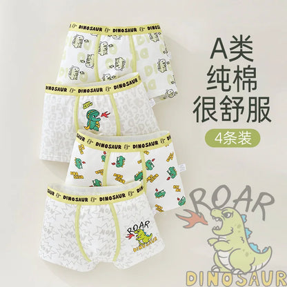 4PCS Boy Cotton Soft Antibacterial Panties Kid Cartoon Dinosaur Print Knickers Thin Breathable Briefs 3+y Young Child Underwears