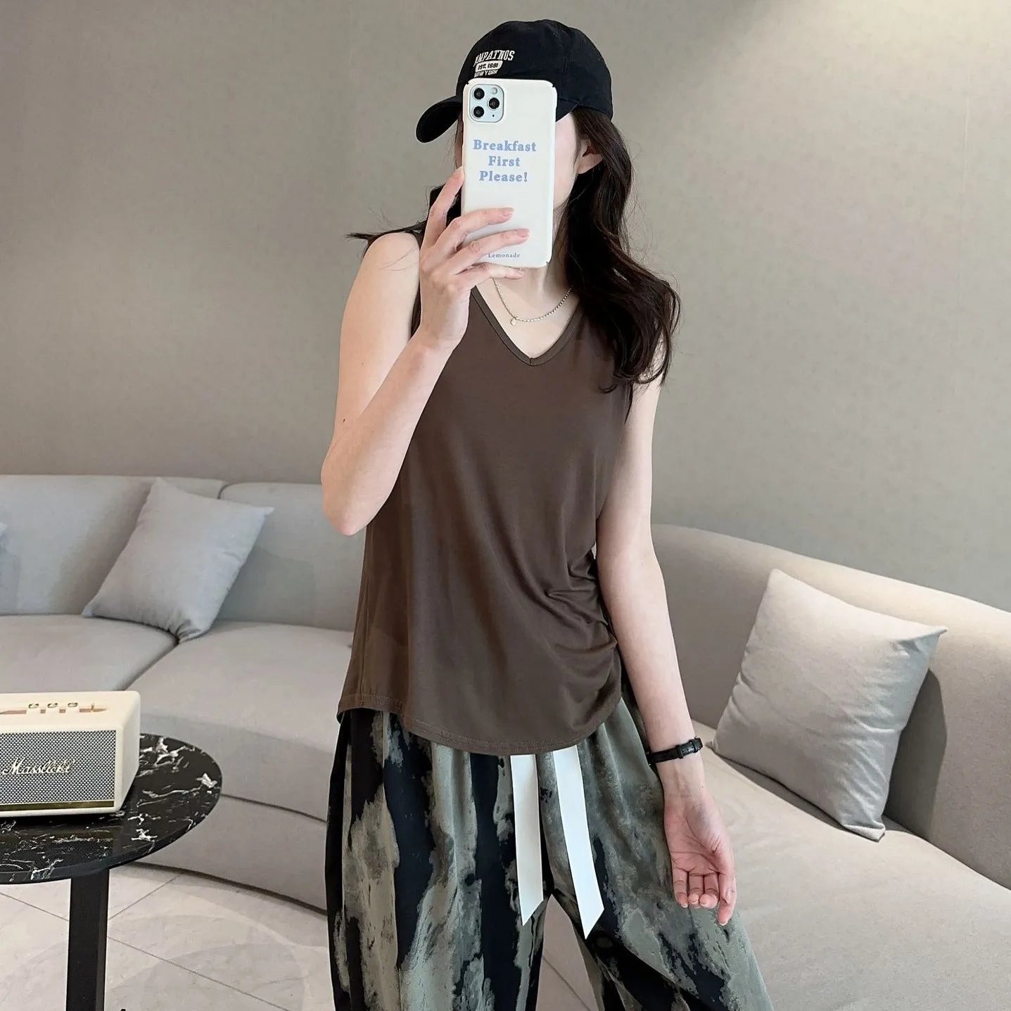 Modal V-Neck Tank Tops Loose Casual T-shirts Sleeveless Solid color Summer women Thin Tee Tops Bottoming Top Homewear clothing