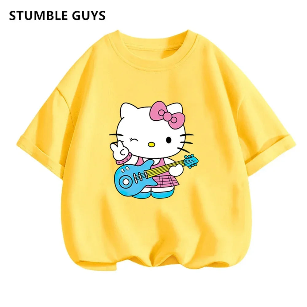 New 3-14 Years Children Short Sleeves T-shirt Cartoon Hello Kitty Tshirt Girls Tops Kids Baby Boys Clothes Men Women Tshirt Set