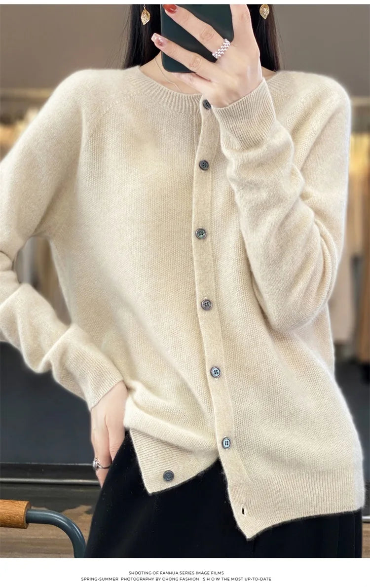 2024Spring and Autumn  New 100% pure merino cashmere sweater women's O-neck cardigan loose long-sleeved sweater top