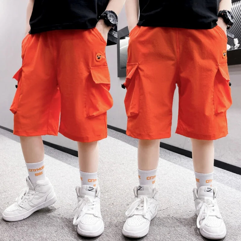 Summer Thin Children'S Clothing Shorts Boys' Loose Button  Short Cargo Pants American Street Style Hip Hop Shorts 6-15 Years