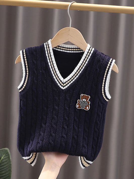 Boys Clothing Spring Autumn Tops Casual Fashion Knitted Vest Bear Printed Sport Outfits Girls Sleeveless Coat