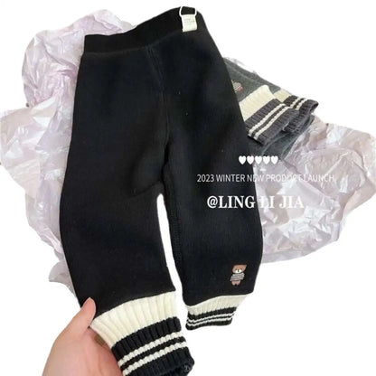 Autumn Winter Girls Leggings Fleece Thickened Striped Hem Children Girls Underwear Pants Kids Girls One-piece Fleece Pants