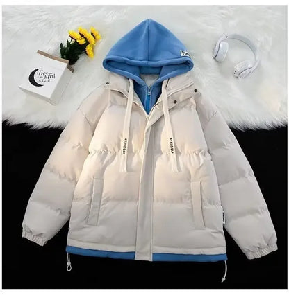 Winter New Style Padded Jacket Thickened Hooded Two-piece Illusion Puffer Jacket For Men Women Loose-fit Couple Student