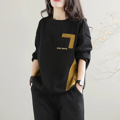 2023 Autumn and Winter New Korean Version Temperament Women's Clothing Fashion Splice Pockets Round Neck Long Sleeve Pullover