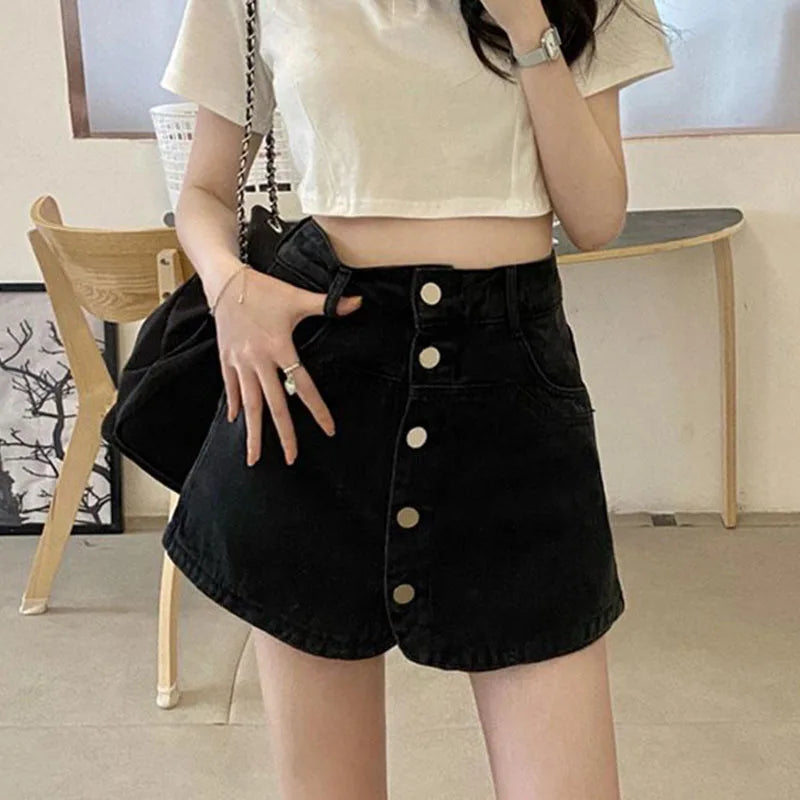 2023 Summer Women\'s Skirt with Shorts Korean Style Single-Breasted Design Blue Denim Skirt Woman Vintage High Waist Mini Skirts