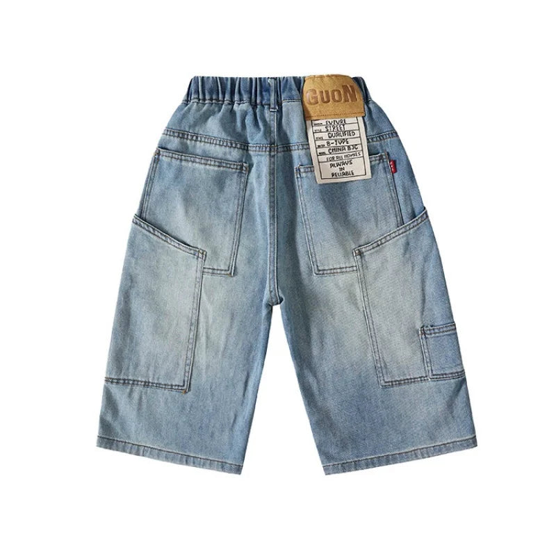 Summer Denim Shorts Big Kids Boys Loose Elastic Waist Children Casual Letter Patchwork Jean Short Children Cotton Jeans 4-14Y