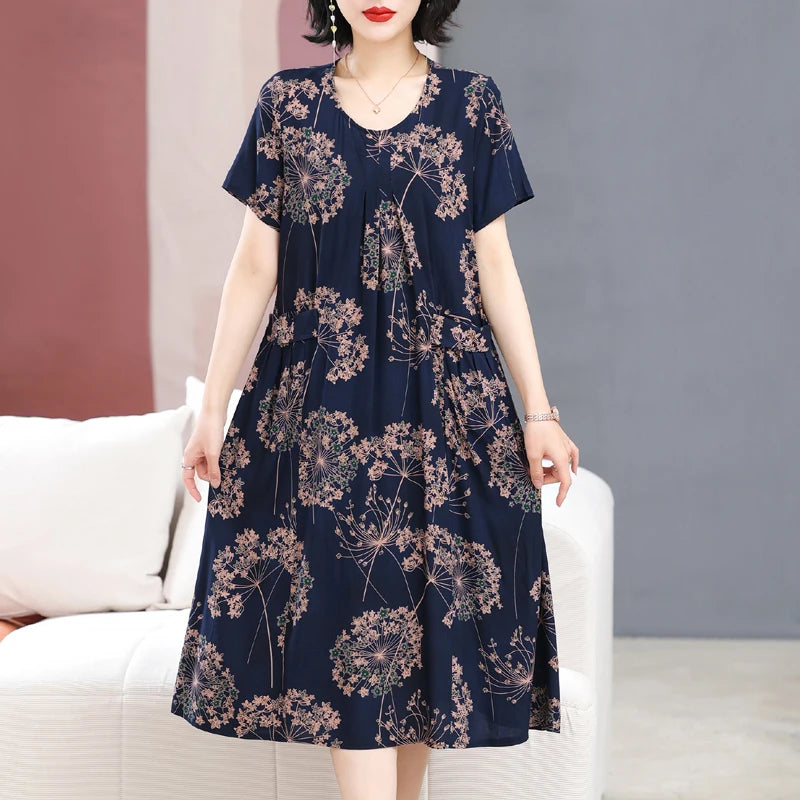 Summer Dresses O-neck Print Long Dress Short Sleeve Women Long Dresses Bohemian cotton style Loose Dresses Women Clothing