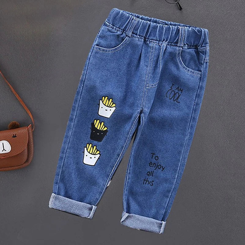 Spring Autumn Children Jeans  Boys Cotton Print Splice Stretch Denim Pants Korean Teenage Trousers Wear Kids ClothingDenimRipped