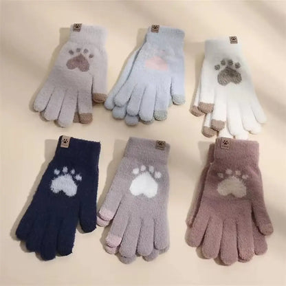 Winter Cat Paw Gloves Warm Mittens Fashion Mobile Phone Touchscreen Knitted Gloves Thick Women Soft Fluffy Full Fingers Gloves