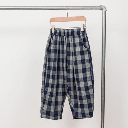 Children's Retro Blue Plaid Trousers 2024 Spring Autumn New Korean Boys And Girls Double-Layer Cotton Casual Harem Pants WTP121