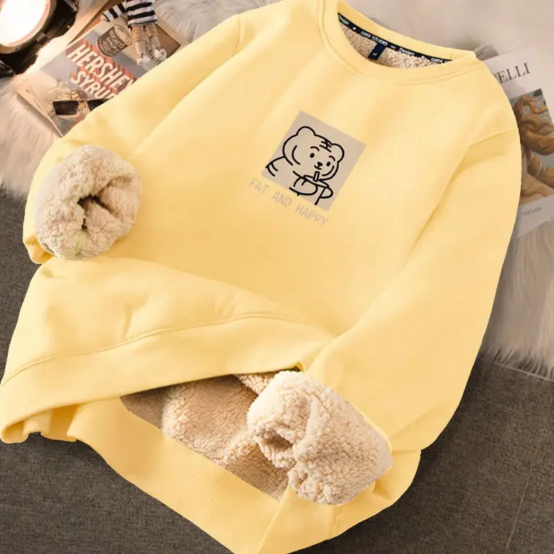 Autumn Winter Women Casual Loose Sweatshirts Lambswool Thicken Thermal Sweatshirts Women Printed Cute Fleece Warm Hoodies 2023