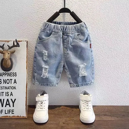 2024 Summer Thin Children's Shorts Baby Korean Boys Ripped Jeans Five Quarter Pants Children Soft Outside Wear