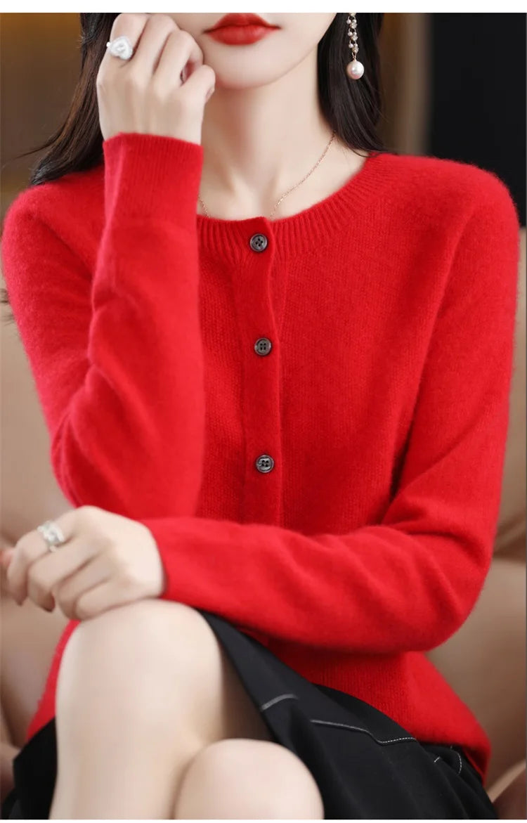 2024Spring and Autumn  New 100% pure merino cashmere sweater women's O-neck cardigan loose long-sleeved sweater top