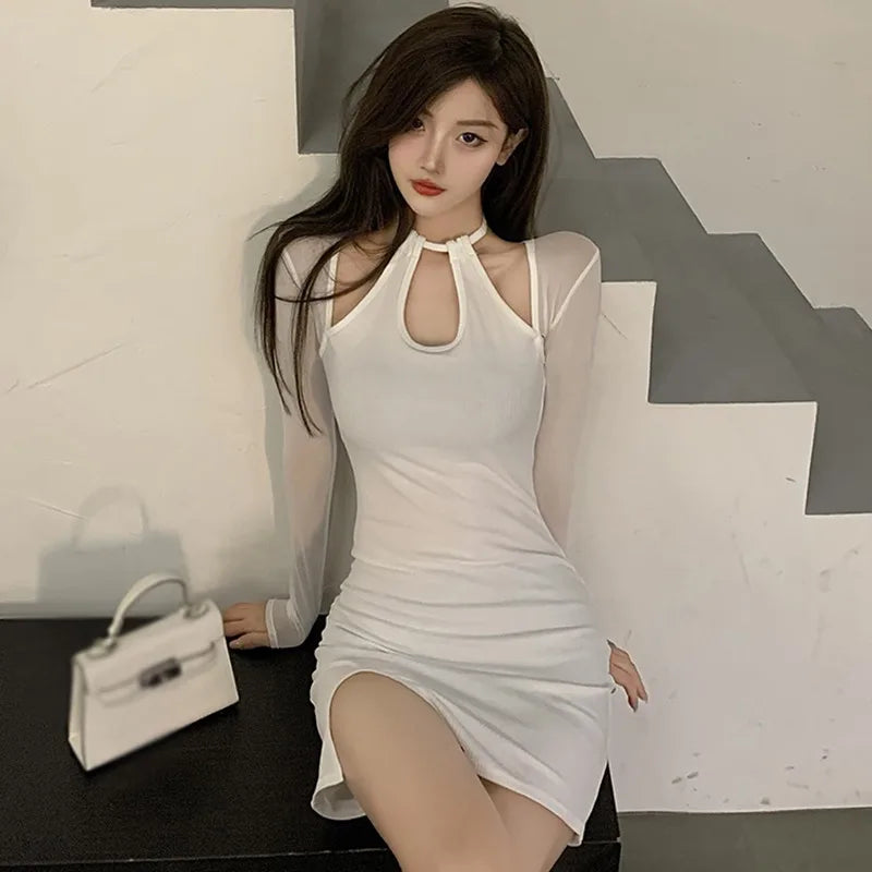 Women's Dress Slim Fit Long Sleeves Bodycon Slim Sexy Halter Mesh Splicing Hollow Out Sexy Split Long-Sleeved Bodycon Dress