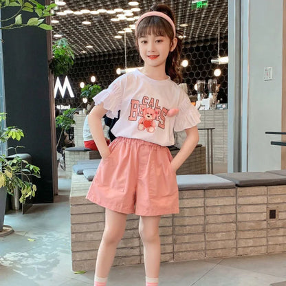 Girls Suit Puff Short Sleeves + Pink Shorts Summer Clothes 2024 New Korean Style Fashion Simple Outer Clothes 2-piece Set