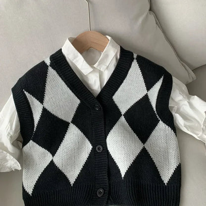 1-6Y Kids Knit Sweater Vest Baby Autumn Diamond Cardigan Infant Sleeveless Knitting Waistcoats Baby Knitwear Spring Top Clothes