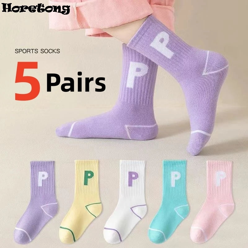 Horetong 5 Pairs/Lot Children's Fashion Letters For Girls Kids Autumn Comfortable Sports Casual School Cotton Middle Tube Socks