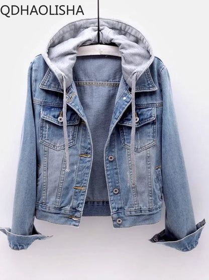 Women's Jacket Denim Coat New in Korean Fashion Slim Versatile Long Sleeve Top Hooded Short Denim Jacket Winter Woman Clothing