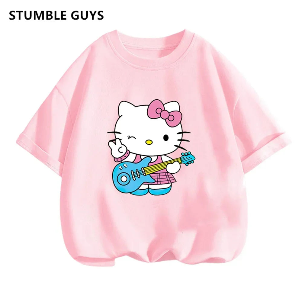 New 3-14 Years Children Short Sleeves T-shirt Cartoon Hello Kitty Tshirt Girls Tops Kids Baby Boys Clothes Men Women Tshirt Set