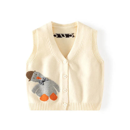 Spring Autumn Little Girls Knitwear Knitted Cartoon Duck Bowknot Toddler Girls Vest V Collar Elastic Hem Children Girl Waistwear