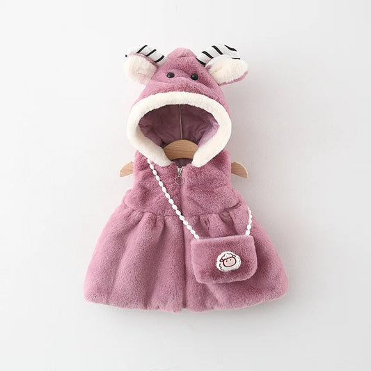 New Winter Baby Girls Coat Shawl Fluffy Little Sheep Ears Sheep Horns Small Animal Crossbody Bag Pearl Button Pleated Vest