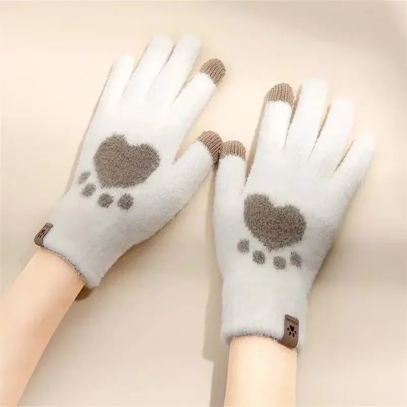 Winter Cat Paw Gloves Warm Mittens Fashion Mobile Phone Touchscreen Knitted Gloves Thick Women Soft Fluffy Full Fingers Gloves