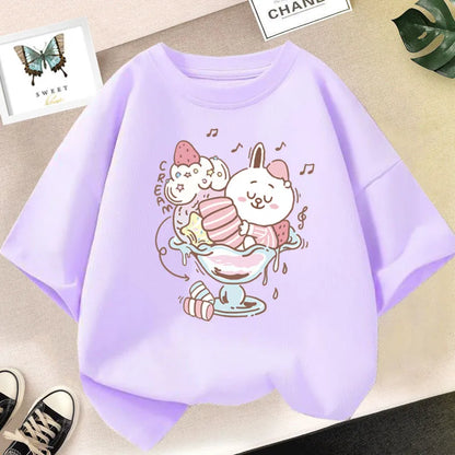 Girls Cute Strawberry Milk Shake Cartoon T-shirt Kids Short-Sleeve Graphic Pink Tops Tee